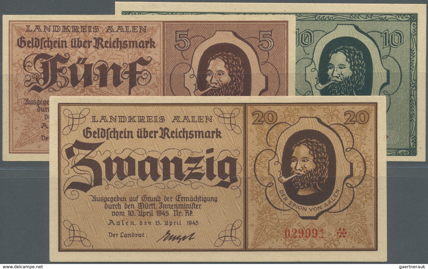 Deutschland - Alliierte Miltärbehörde + Ausgaben 1945-1948: Aalen, Landkreis, 5, 10, 20 Reichsmark, - Autres & Non Classés