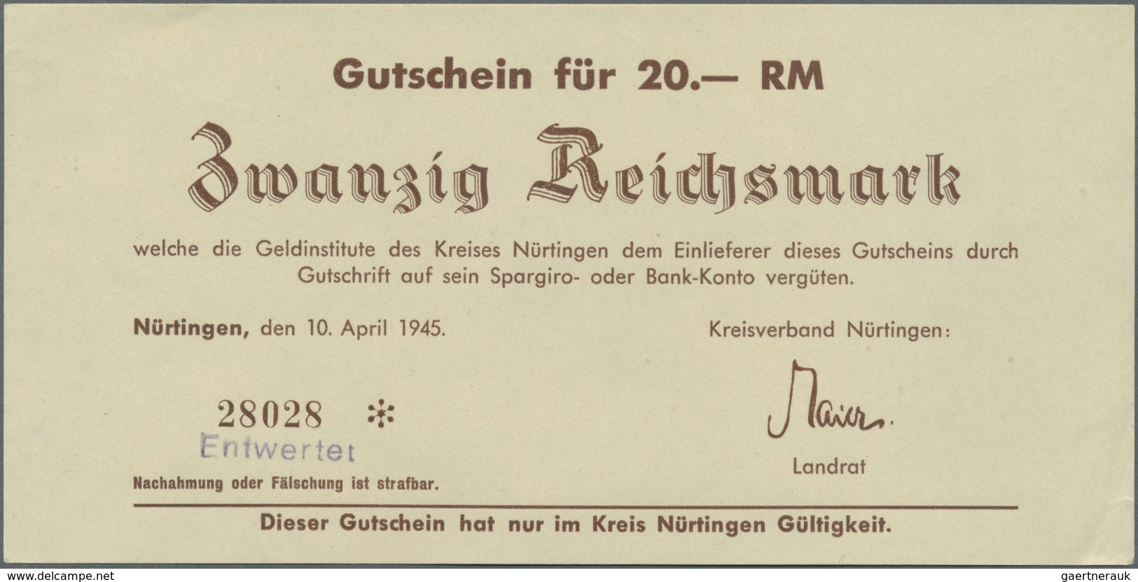 Deutschland - Alliierte Miltärbehörde + Ausgaben 1945-1948: Nürtingen, Kreis, 1, 2, 5, 10, 20, 50 RM - Other & Unclassified