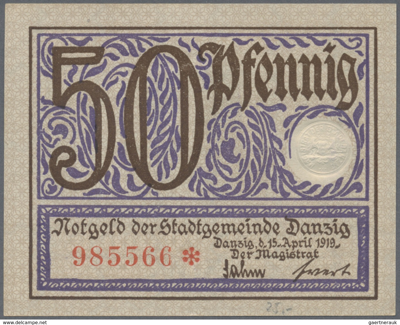 Deutschland - Nebengebiete Deutsches Reich: Danzig, 10 Pf. 1916 (Ro. 784), 2 X 50 Pf. 1919 (Ro. 790) - Other & Unclassified