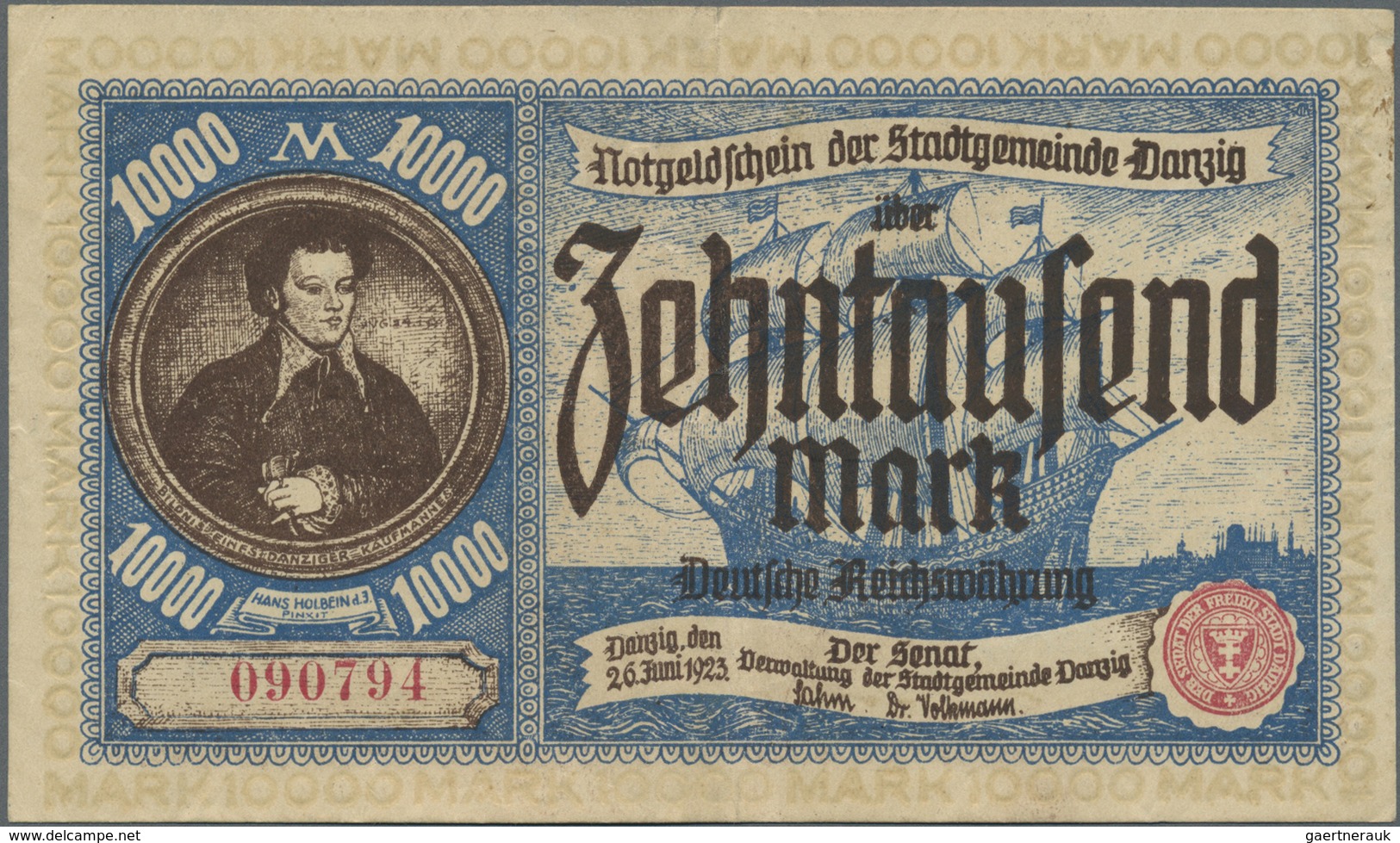 Deutschland - Nebengebiete Deutsches Reich: Danzig 10.000 Mark 1923, Ro.799, Vertikaler Mittelknick - Altri & Non Classificati