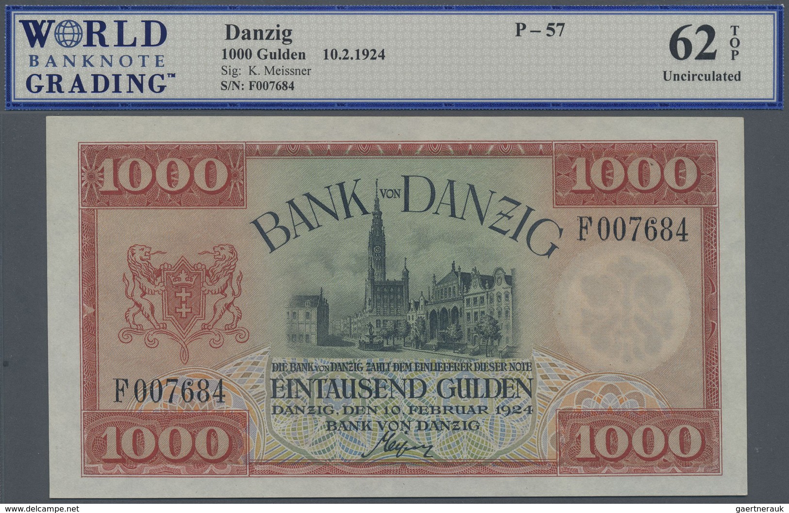 Deutschland - Nebengebiete Deutsches Reich: Danzig 1000 Gulden 10.02.1924, Ro.837, Winzige Bestoßene - Other & Unclassified