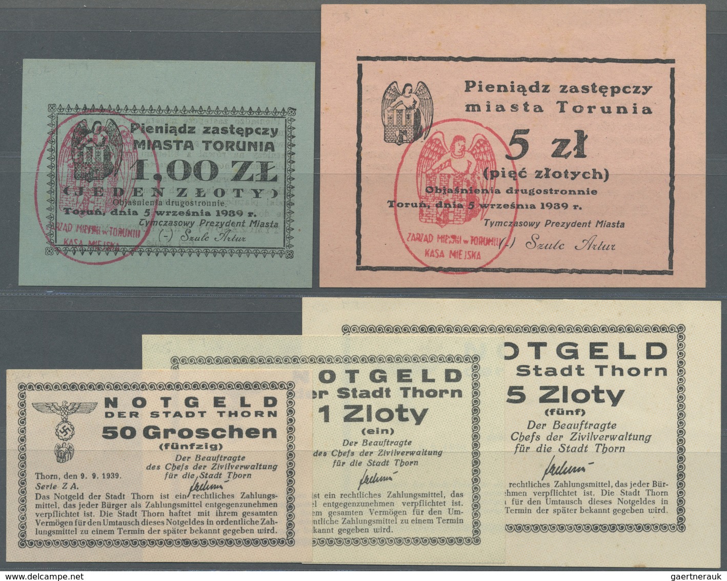 Deutschland - Nebengebiete Deutsches Reich: Thorn, Stadt, 1, 5 Zloty, 5.9.1939; 50 Groschen, 1, 5 Zl - Other & Unclassified