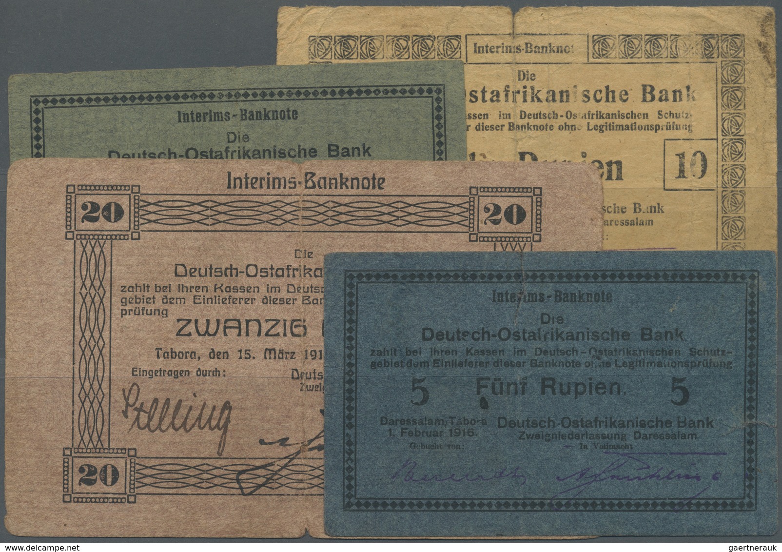 Deutschland - Kolonien: Set Of 4 Banknotes German East Africa, Containing 5 Rupees 1916, 5 Rupees 19 - Autres & Non Classés