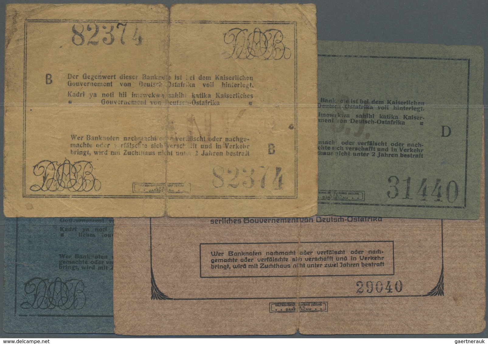 Deutschland - Kolonien: Set Of 4 Banknotes German East Africa, Containing 5 Rupees 1916, 5 Rupees 19 - Other & Unclassified