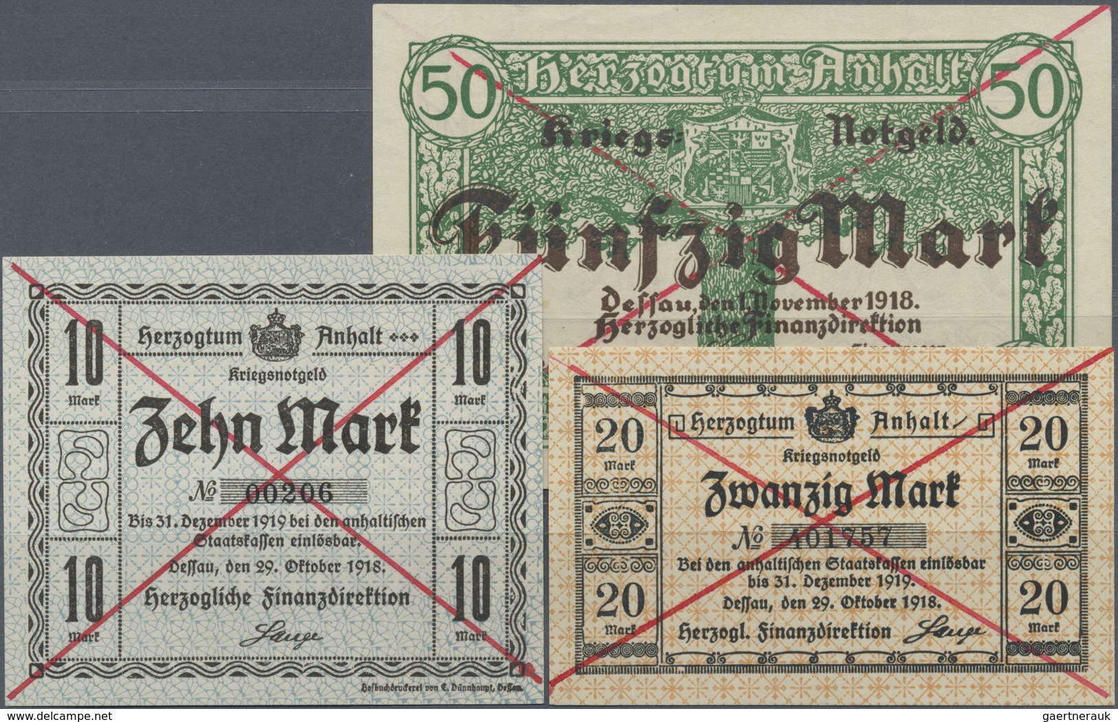 Deutschland - Länderscheine: Anhalt, Herzogliche Finanzdirektion, 10, 20 Mark, 29.10.1918, 50 Mark, - Other & Unclassified