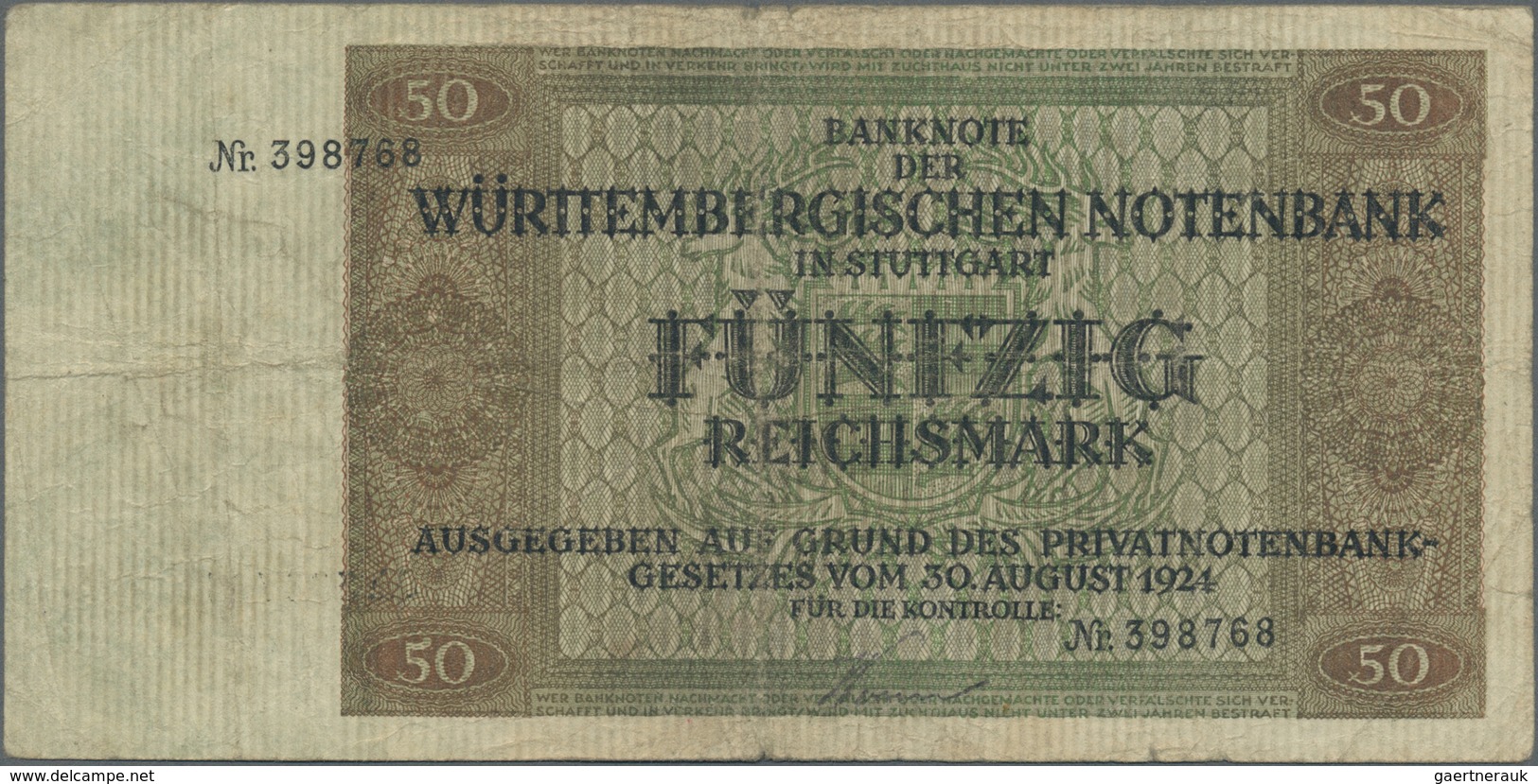 Deutschland - Länderscheine: Württemberg, Württembergische Notenbank, 50 Reichsmark, 11.10.1924, Stä - Autres & Non Classés