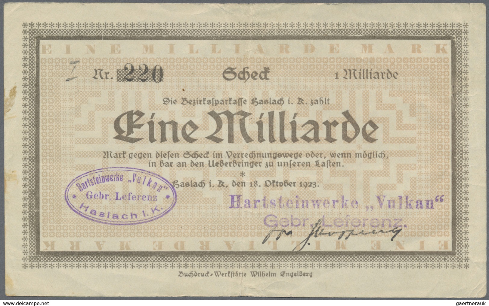 Deutschland - Notgeld - Baden: Haslach, Hartsteinwerke "Vulkan", 1 Mrd. Mark, 18.10.1923, Gedruckter - [11] Emissions Locales
