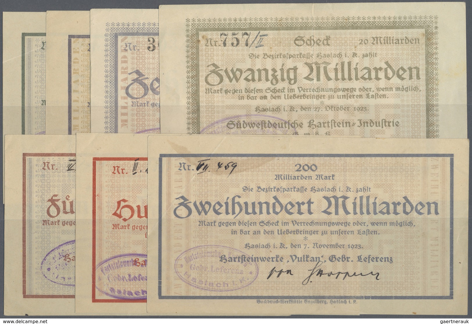 Deutschland - Notgeld - Baden: Haslach, Hartsteinwerke "Vulkan", Gebr. Leferenz, 1, 5, 10, 20, 50, 1 - [11] Local Banknote Issues