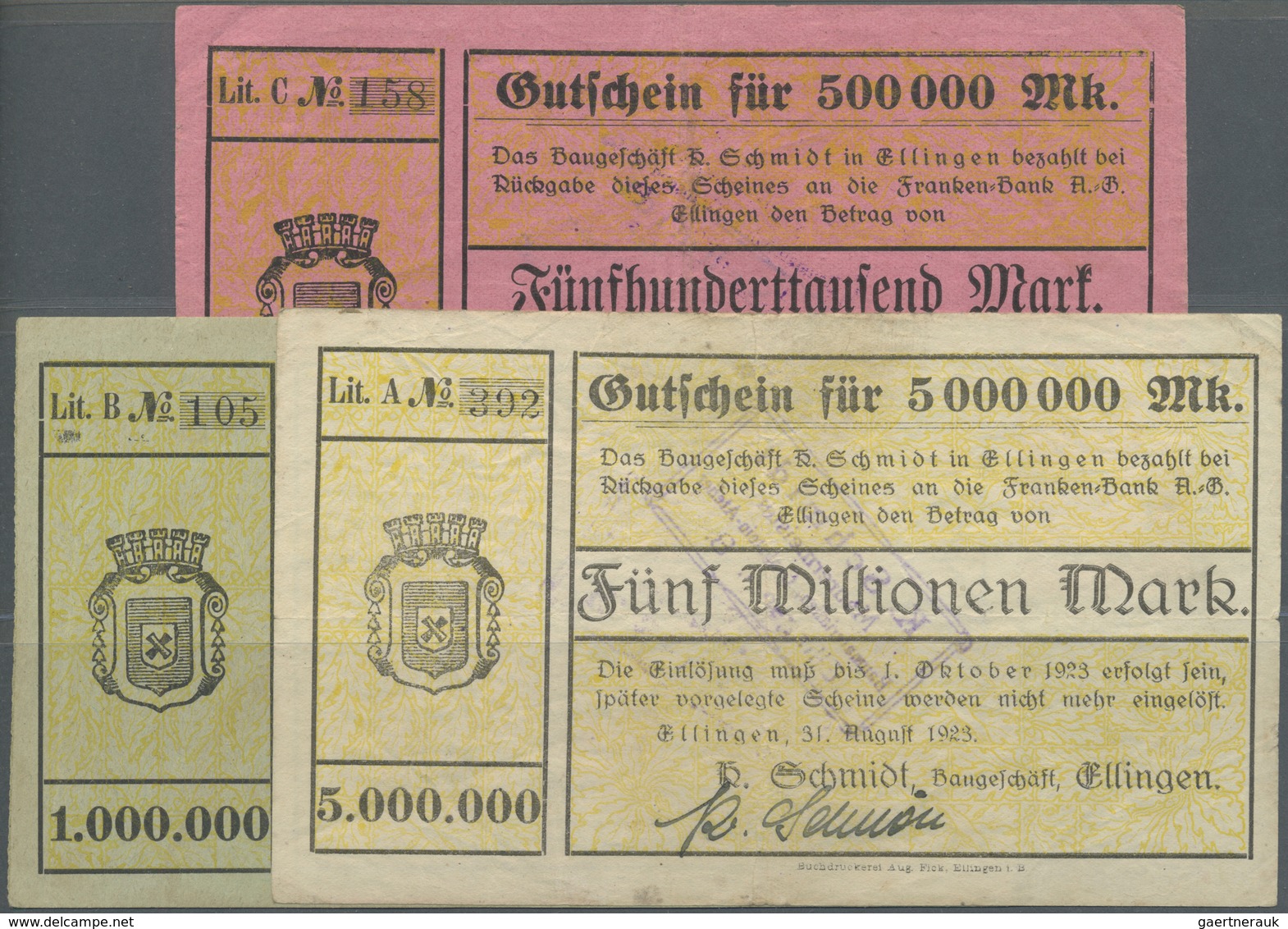 Deutschland - Notgeld - Bayern: Ellingen, Baugeschäft Konrad Schmidt, 500 Tsd., 1, 5 Mio. Mark, 31.8 - [11] Local Banknote Issues
