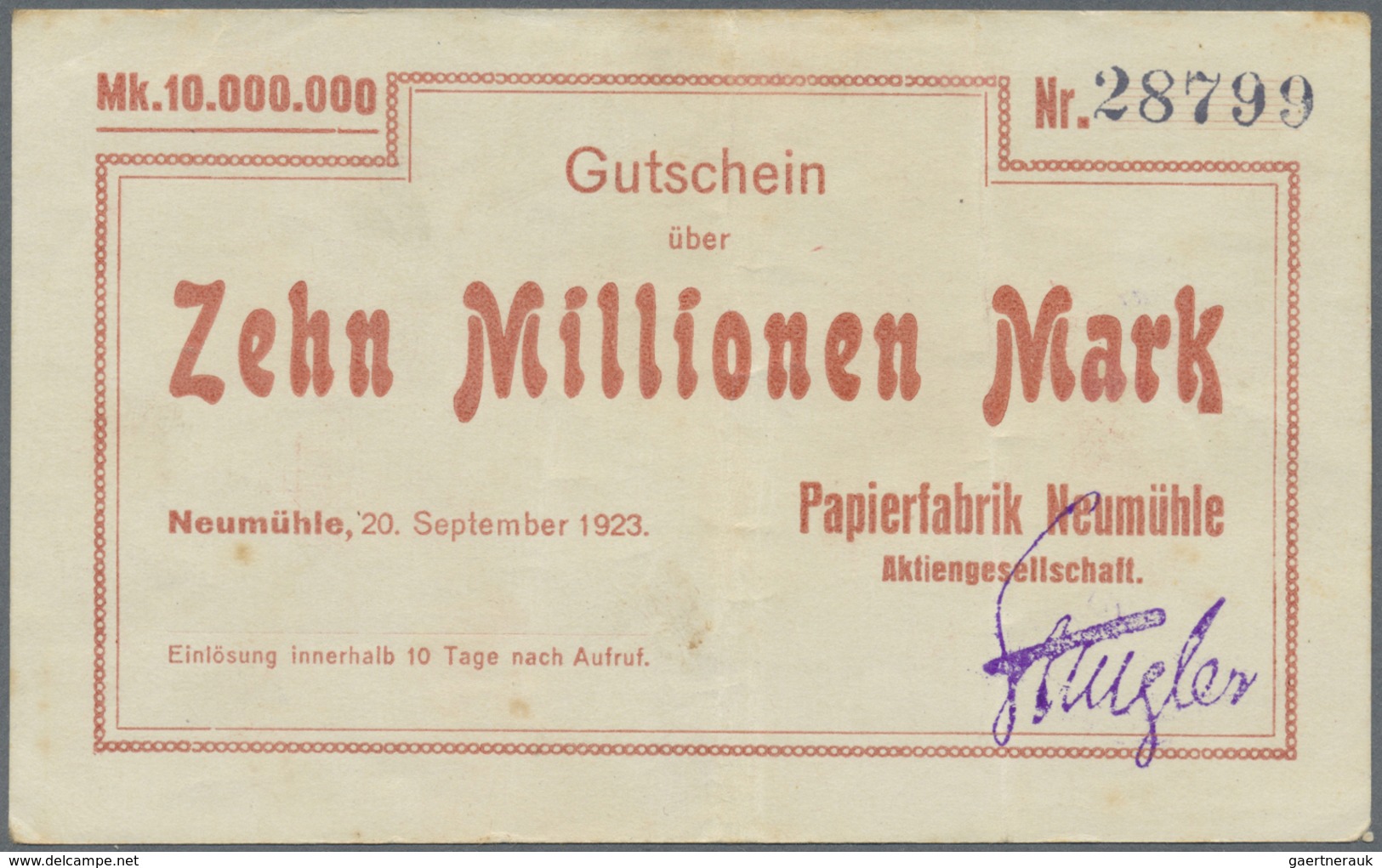 Deutschland - Notgeld - Bayern: Neumühle, Papierfabrik Neumühle AG, 10 Mio. Mark, 20.9.1923, Erh. II - [11] Emissions Locales