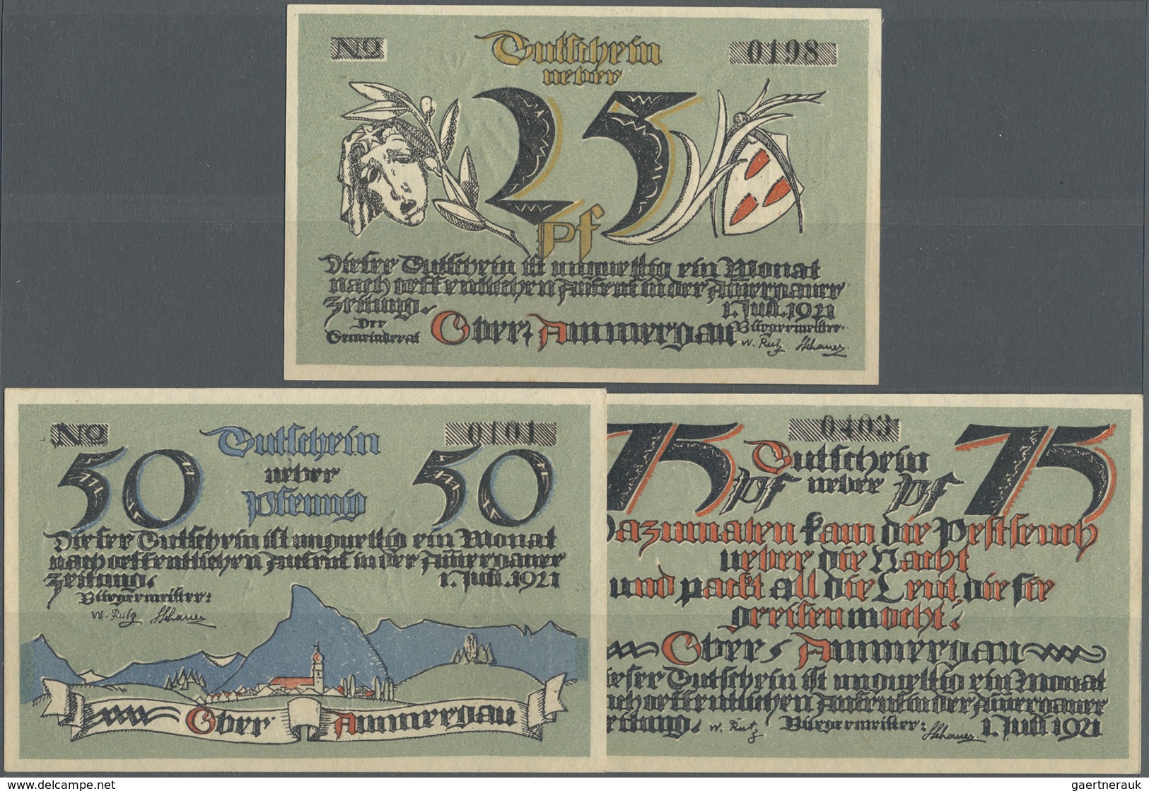 Deutschland - Notgeld - Bayern: Oberammergau, Gemeinde, 25, 50, 75 Pf., 1.7.1921, Büttenpapier, Mit - [11] Emissions Locales