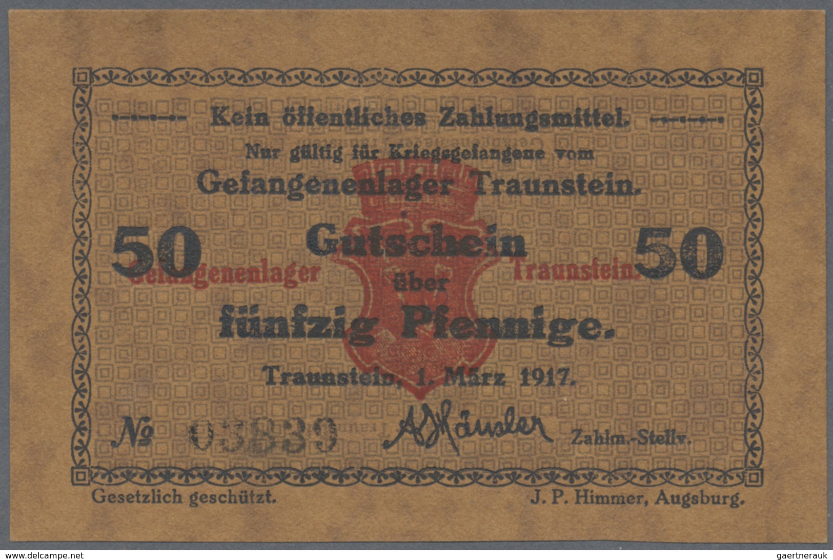 Deutschland - Notgeld - Bayern: Traunstein, Gefangenenlager, 10, 50 Pf. (KN Schwarz), 1.3.1917, Erh. - [11] Emissioni Locali