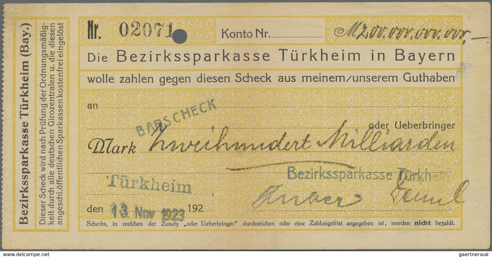 Deutschland - Notgeld - Bayern: Türkheim, Bezirkssparkasse, 100, 500 Tsd., 5, 20, 100, 200, 500 Mrd. - [11] Local Banknote Issues