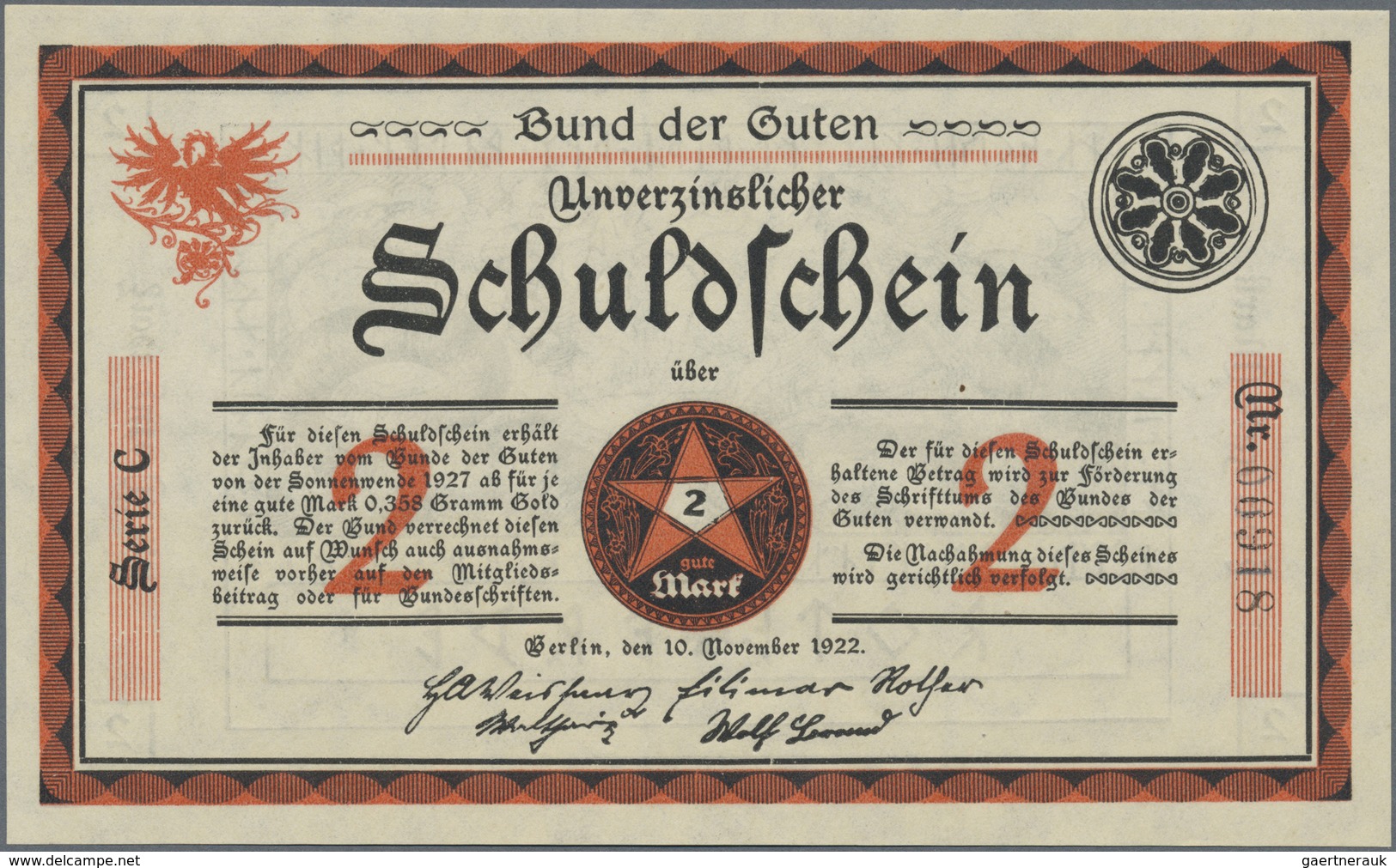 Deutschland - Notgeld - Berlin Und Brandenburg: Berlin, Bund Der Guten, 2 Mark, 10.11.1922, "Unverzi - [11] Emissions Locales