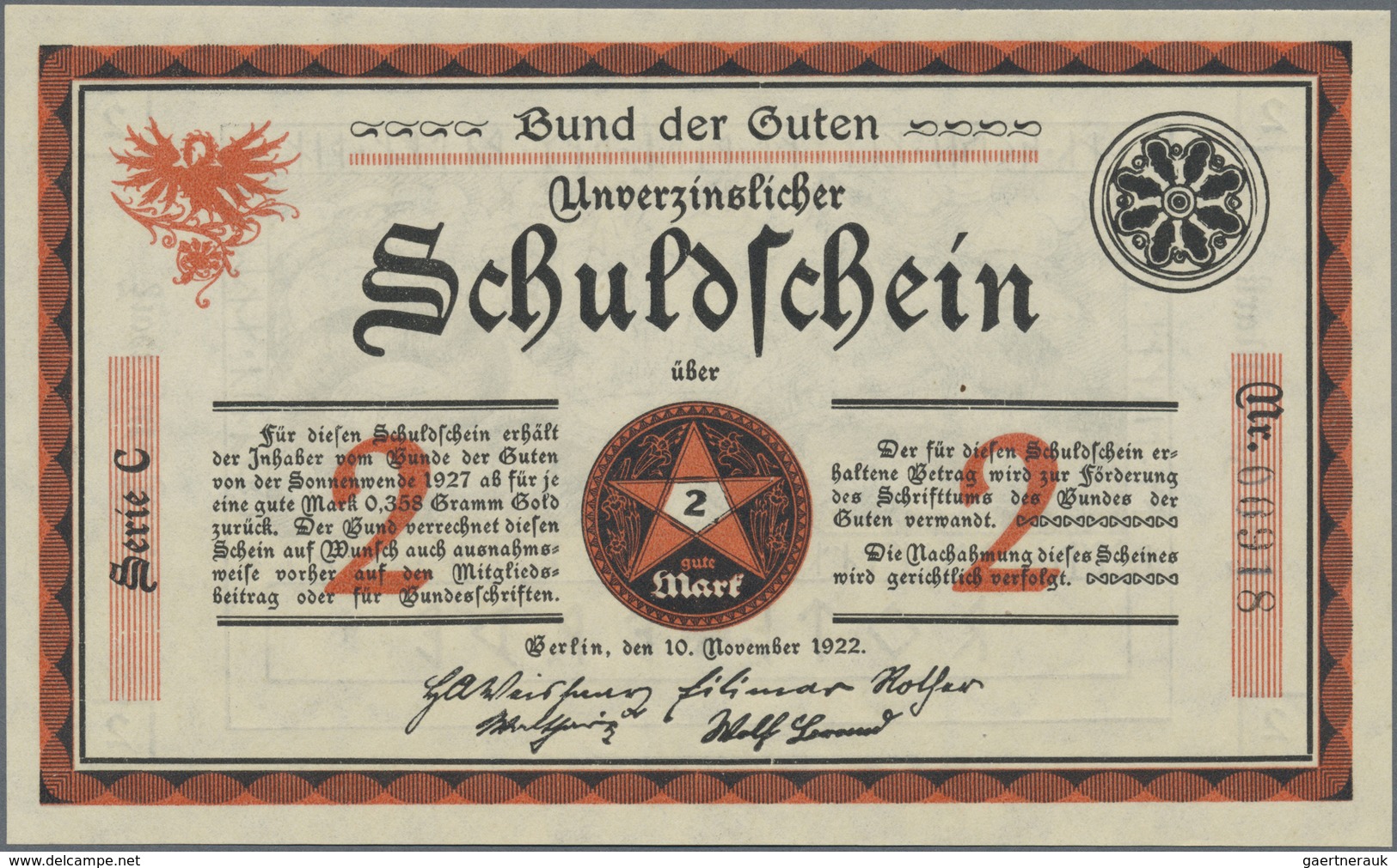 Deutschland - Notgeld - Berlin Und Brandenburg: Berlin, Bund Der Guten, 2 Mark, 10.11.1922, "Unverzi - [11] Emissioni Locali