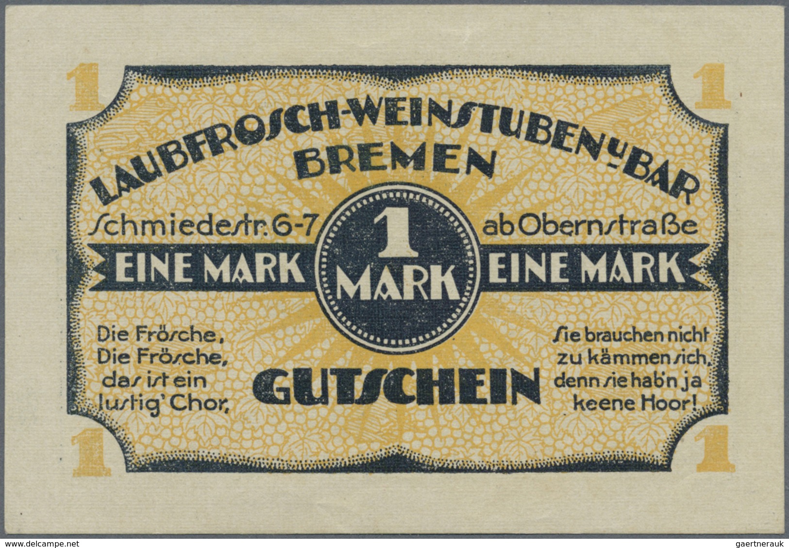 Deutschland - Notgeld - Bremen: Bremen, Laubfrosch-Weinstuben, 1 Mark, O. D., Druckfirma Normal, Erh - [11] Emissions Locales