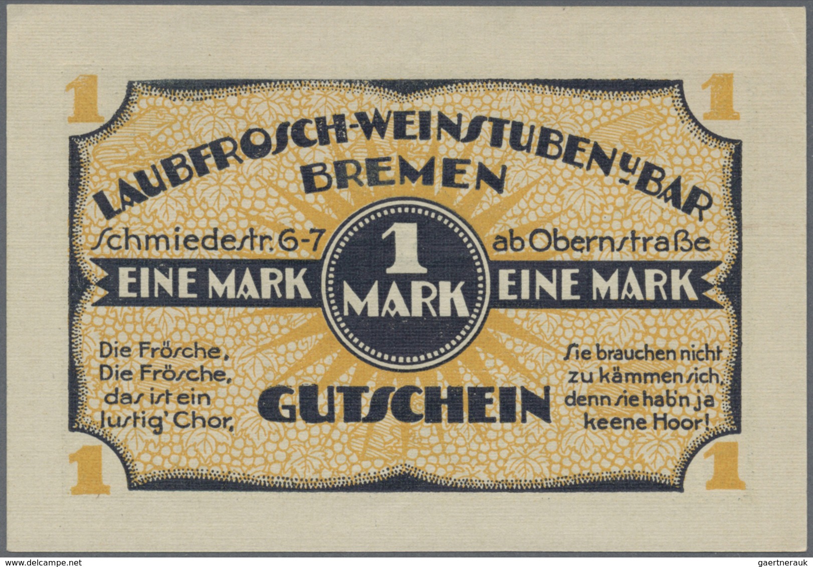 Deutschland - Notgeld - Bremen: Bremen, Laubfrosch-Weinstuben, 1 Mark, O. D., Erh. I- - [11] Local Banknote Issues