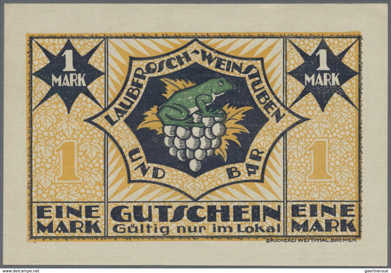 Deutschland - Notgeld - Bremen: Bremen, Laubfrosch-Weinstuben, 1 Mark, O. D., Erh. I- - [11] Local Banknote Issues