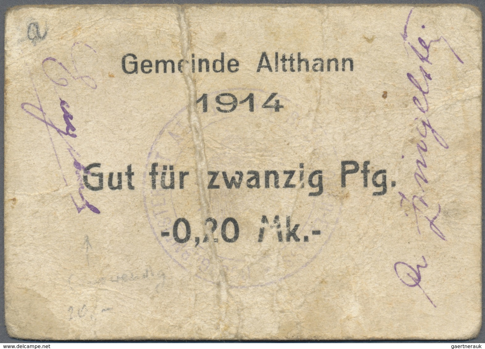 Deutschland - Notgeld - Elsass-Lothringen: Altthann, Oberelsass, Gemeinde, 20 Pf., 1914, Unentwertet - Autres & Non Classés