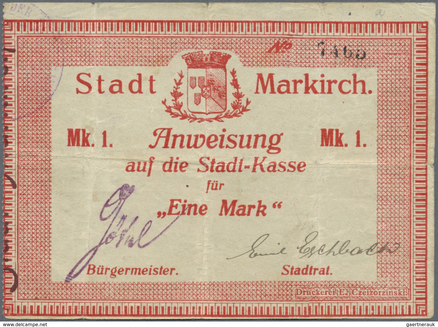 Deutschland - Notgeld - Elsass-Lothringen: Markirch, Oberelsass, Stadt, 1 Mark, O. D. (7.8.1914), Oh - Autres & Non Classés