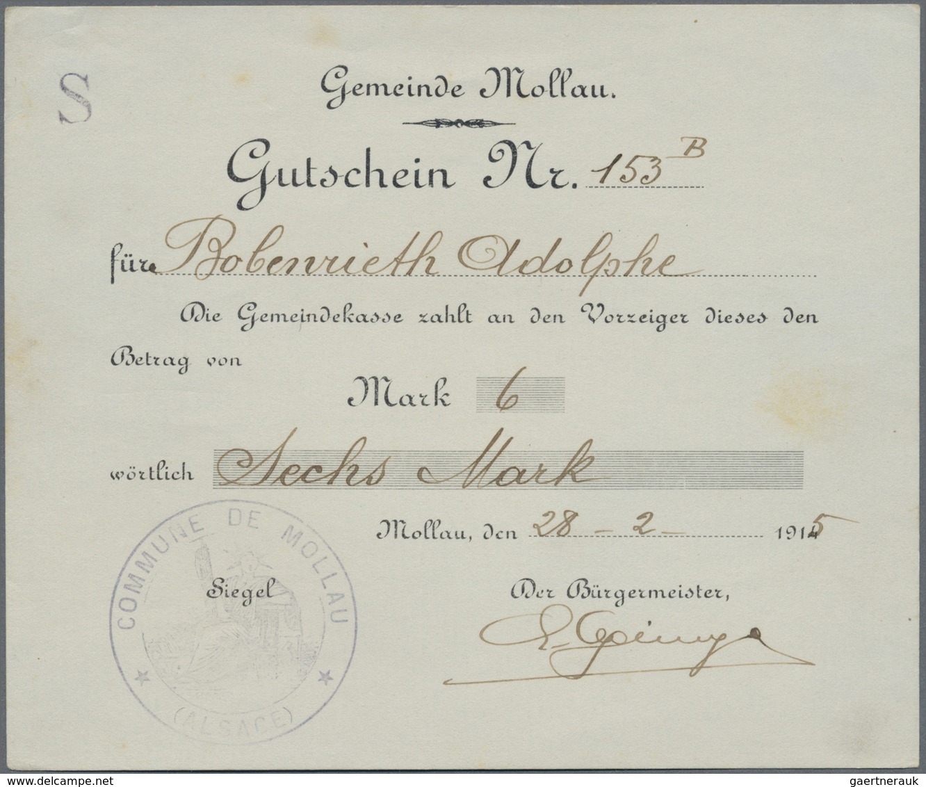 Deutschland - Notgeld - Elsass-Lothringen: Mollau, Oberelsass, Gemeinde, 6 Mark, 28.2.1915, 21 Mark, - Other & Unclassified