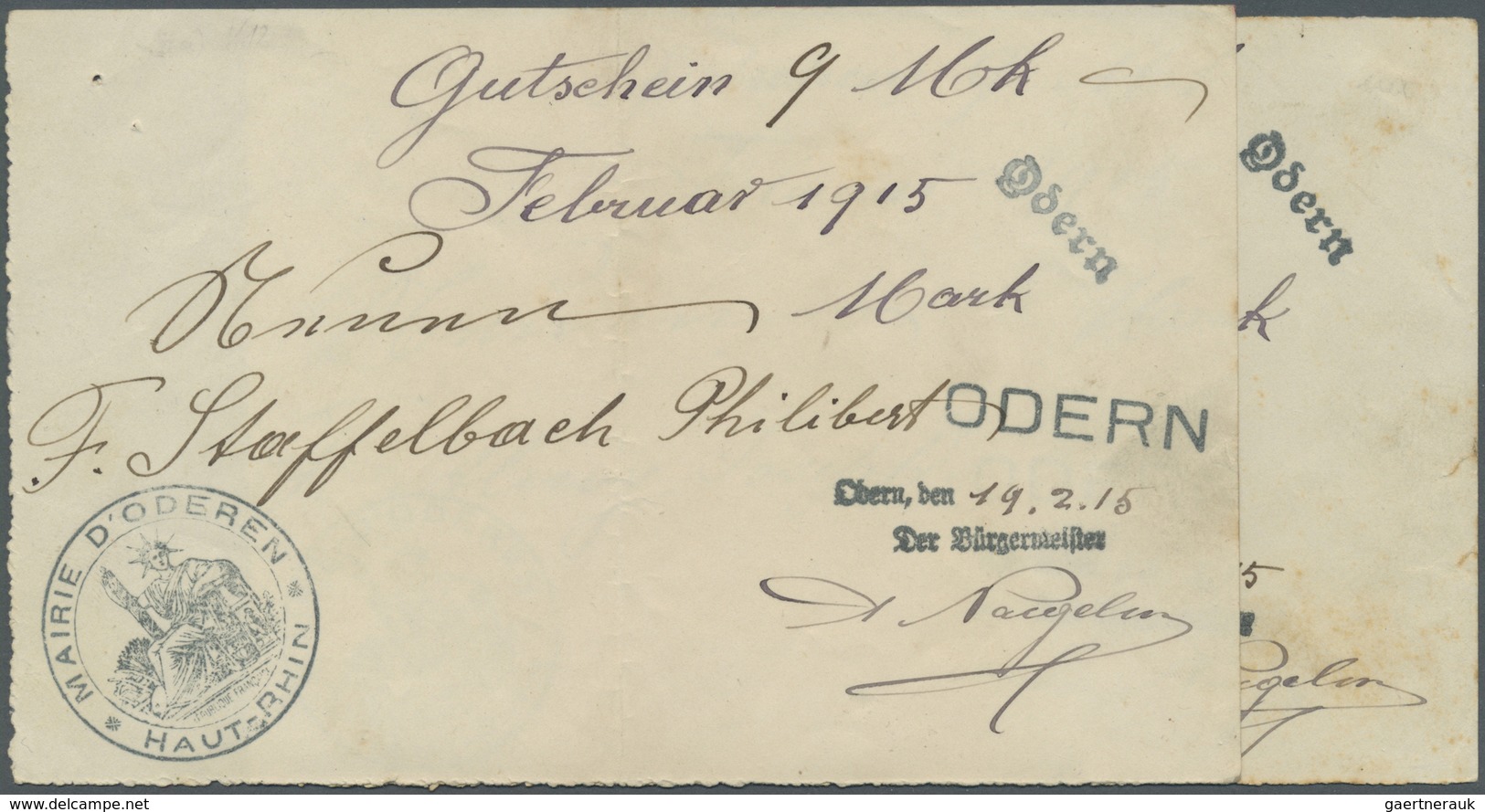 Deutschland - Notgeld - Elsass-Lothringen: Odern, Oberelsass, Gemeinde, 9 Mark, 19.2.1915 (Nennwert - Other & Unclassified