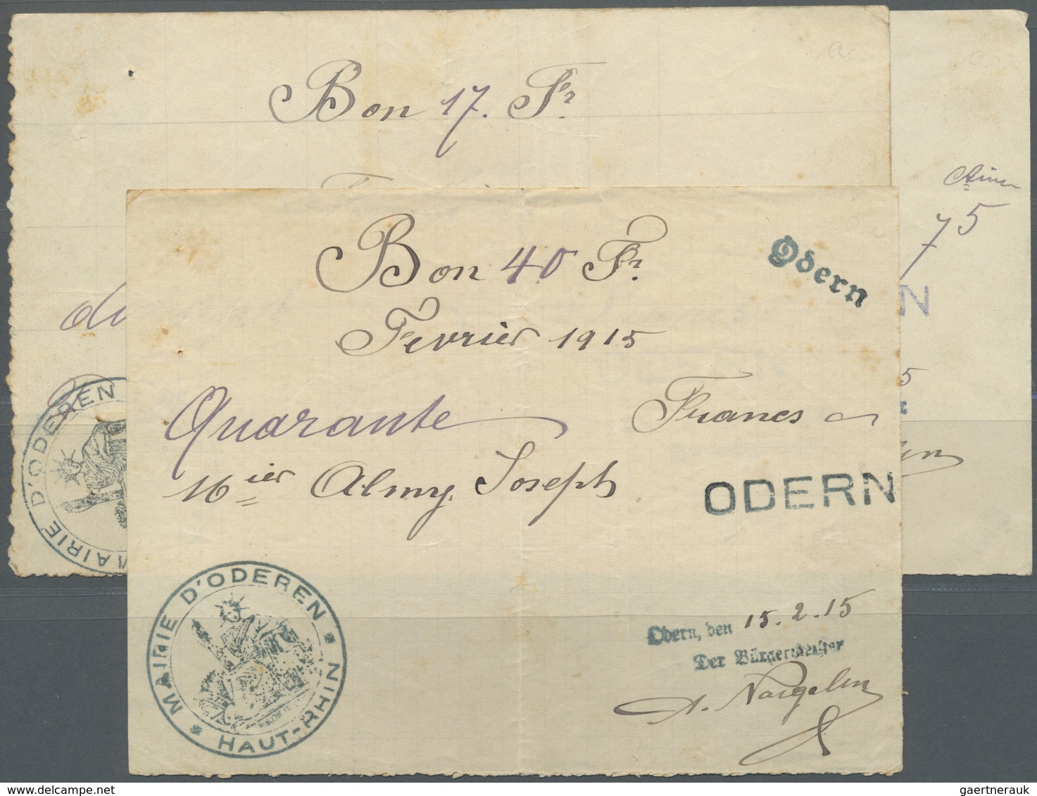 Deutschland - Notgeld - Elsass-Lothringen: Odern, Oberelsass, Gemeinde, 40 Francs, 15.2.1915; 17 Fra - Other & Unclassified