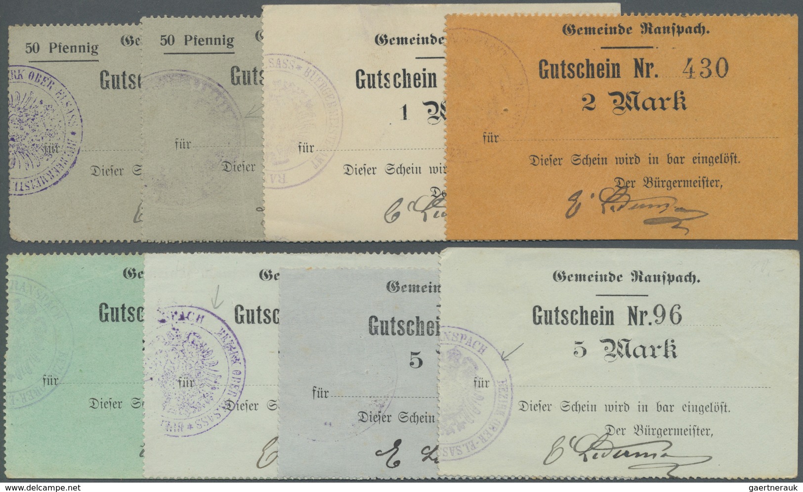 Deutschland - Notgeld - Elsass-Lothringen: Ranspach, Oberelsass, Gemeinde, 0,50 (2), 1, 2, 3, 5 (3) - Other & Unclassified