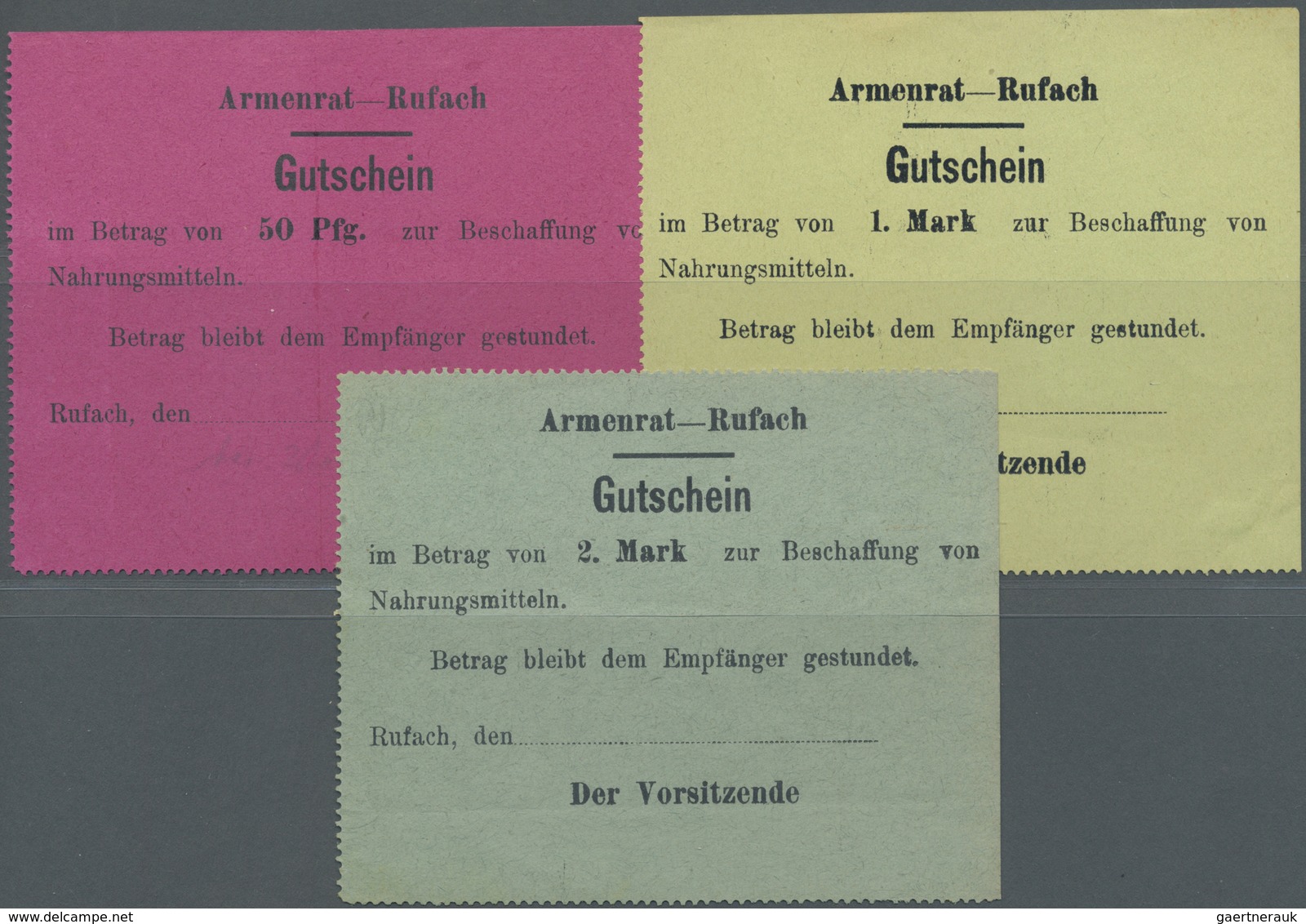 Deutschland - Notgeld - Elsass-Lothringen: Rufach, Oberelsass, Armenrat, 50 Pf., 1, 2 Mark, O. D., B - Other & Unclassified