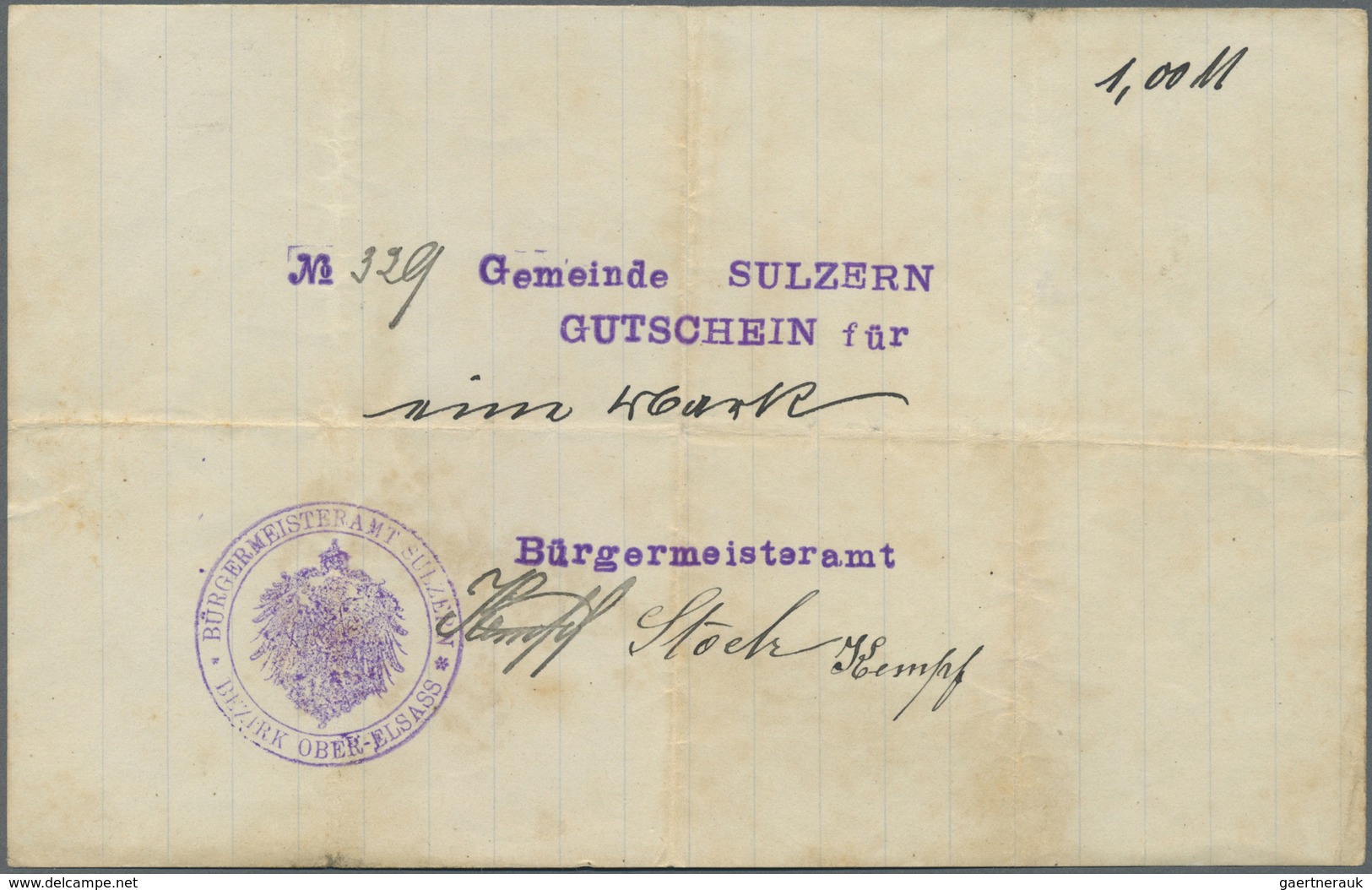 Deutschland - Notgeld - Elsass-Lothringen: Sulzern, Oberelsass, Gemeinde, 1 Mark, O. D. (22.11.1914) - Other & Unclassified