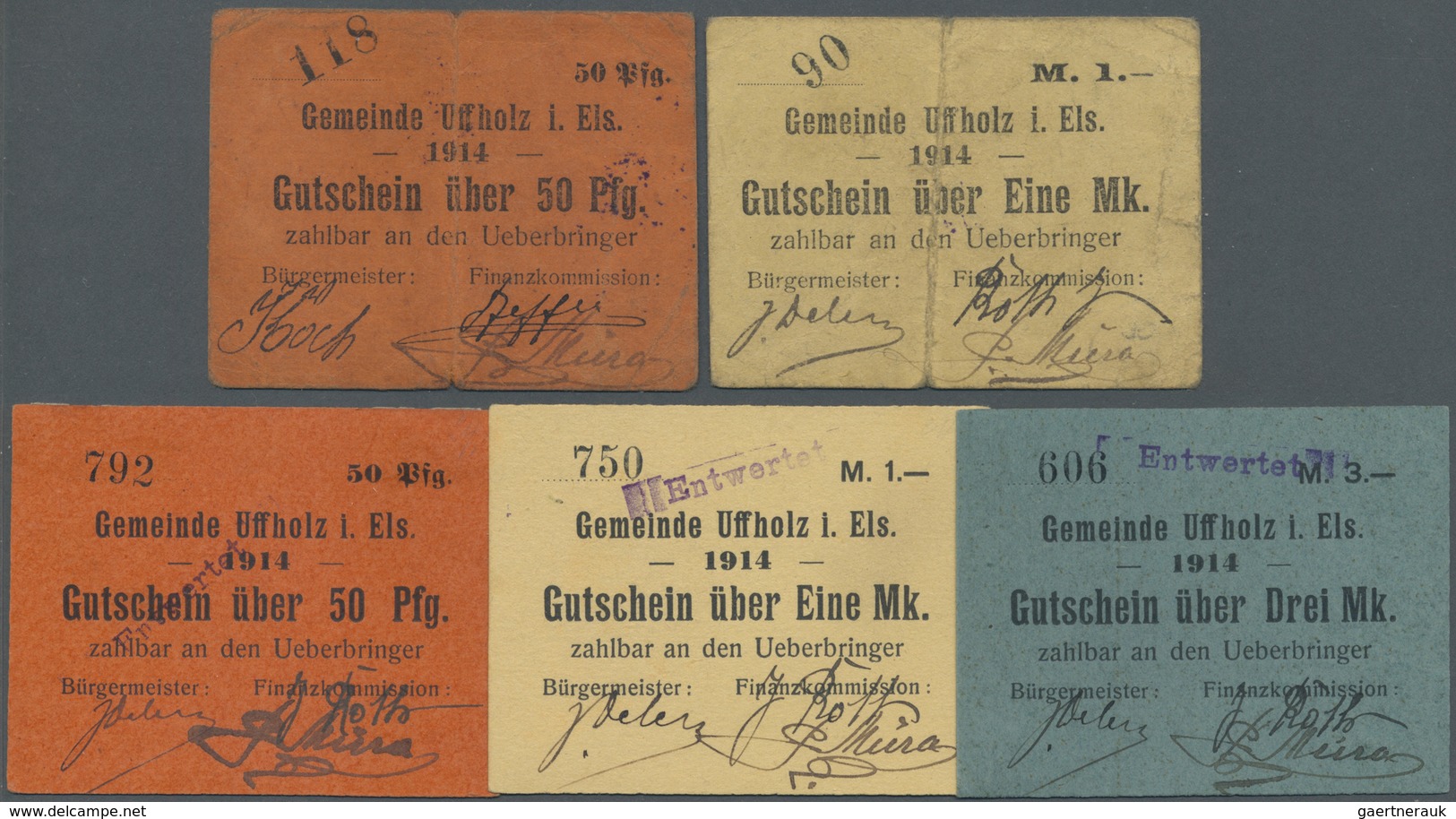 Deutschland - Notgeld - Elsass-Lothringen: Uffholz, Oberelsass, Gemeinde, 50 Pf., 1 Mark, 1914, Orig - Other & Unclassified