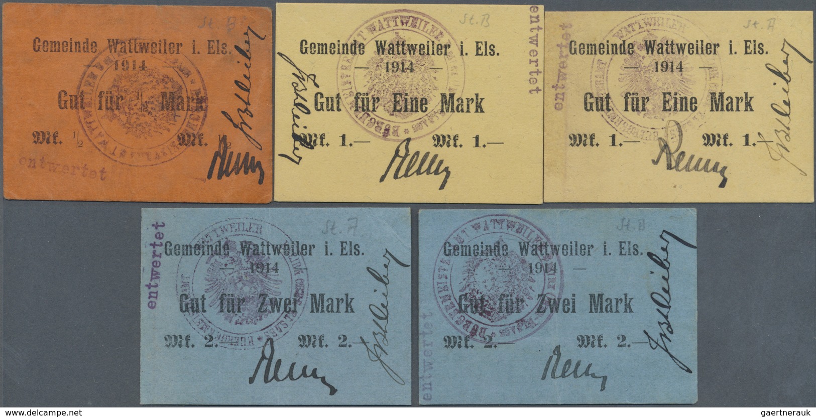 Deutschland - Notgeld - Elsass-Lothringen: Wattweiler, Oberelsass, Gemeinde, 1/2 Mark, Stpl. B; 2 X - Other & Unclassified