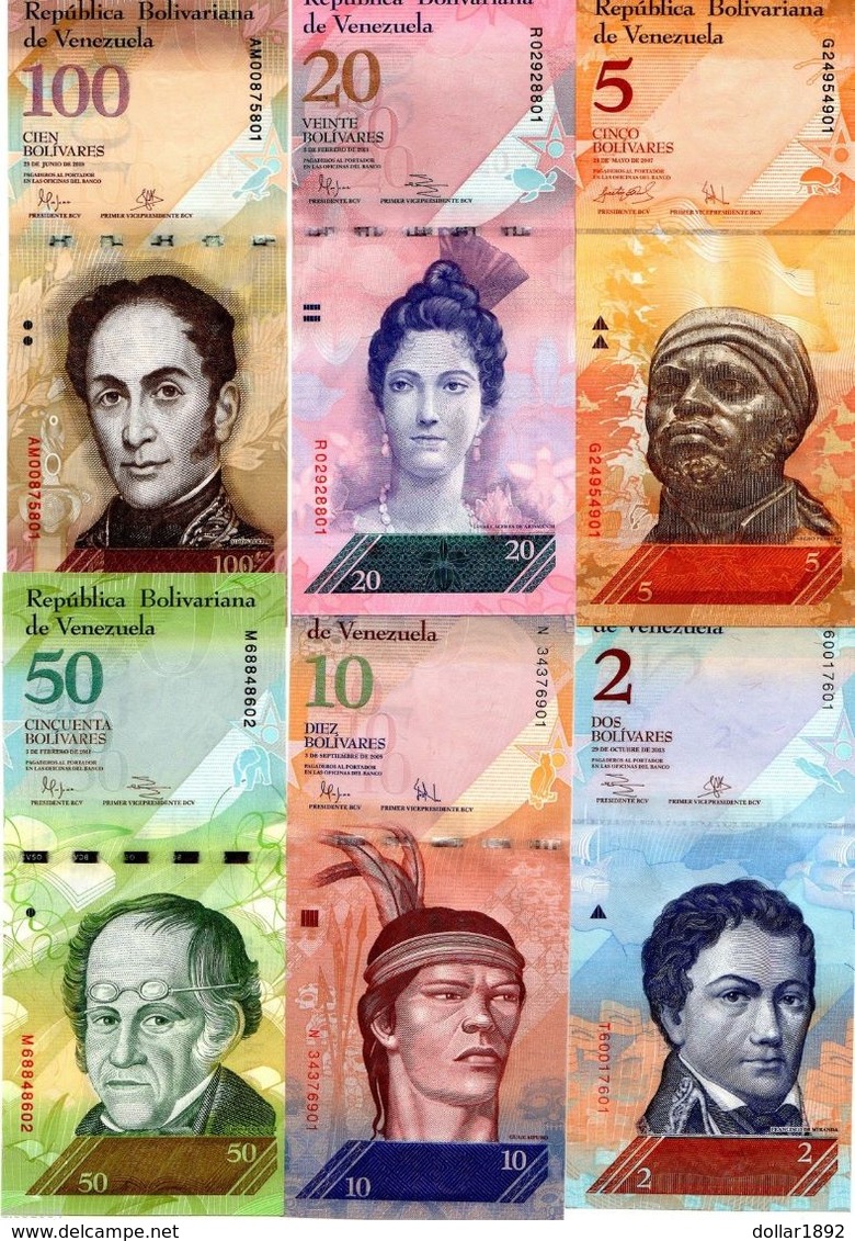 LOT SET SERIE 6 BILLETS VENEZUELA 2 - 5 - 10 - 20 - 50 - 100 BOLIVARES 2007 - 2015 UNC NEUF - Venezuela