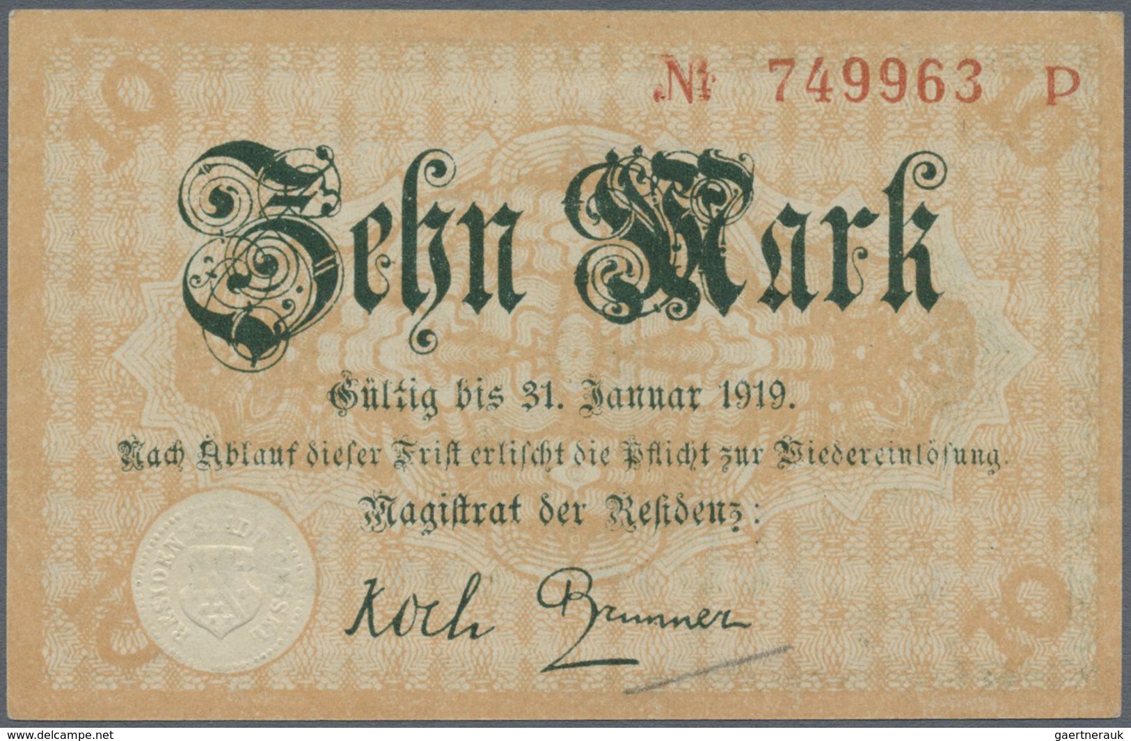 Deutschland - Notgeld - Hessen: Cassel, Stadt, 10 Mark, O. D. - 31.1.1919, Reihe P, Erh. I- - [11] Local Banknote Issues