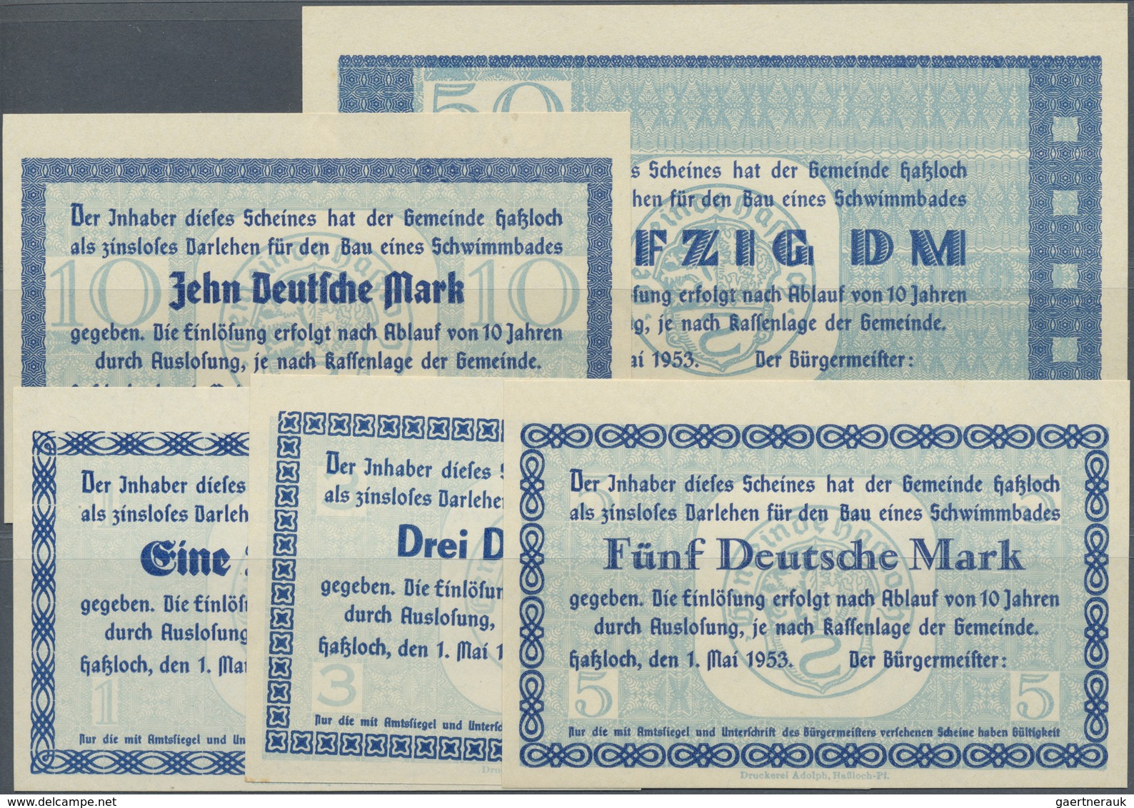 Deutschland - Notgeld - Pfalz: Haßloch, Bürgermeister, 1, 3, 5, 10, 50 DM, 1.5.1953, Zinslose Darleh - [11] Emissions Locales