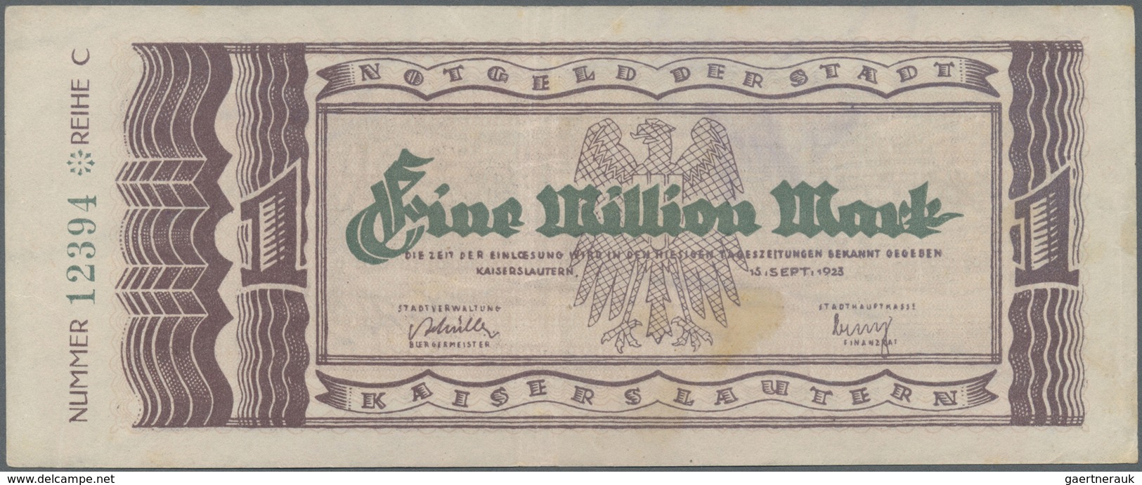 Deutschland - Notgeld - Pfalz: Kaiserslautern, Stadt, 1 Million Mark, 15.9.1923, Mit Umgekehrt Gedru - [11] Emissions Locales