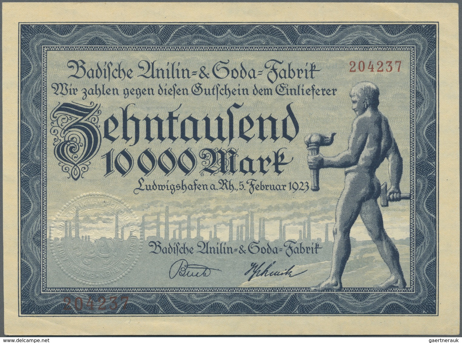 Deutschland - Notgeld - Pfalz: Ludwigshafen, Badische Anilin- Und Soda-Fabrik, 10 000 Mark, 5.2.1923 - [11] Emissions Locales