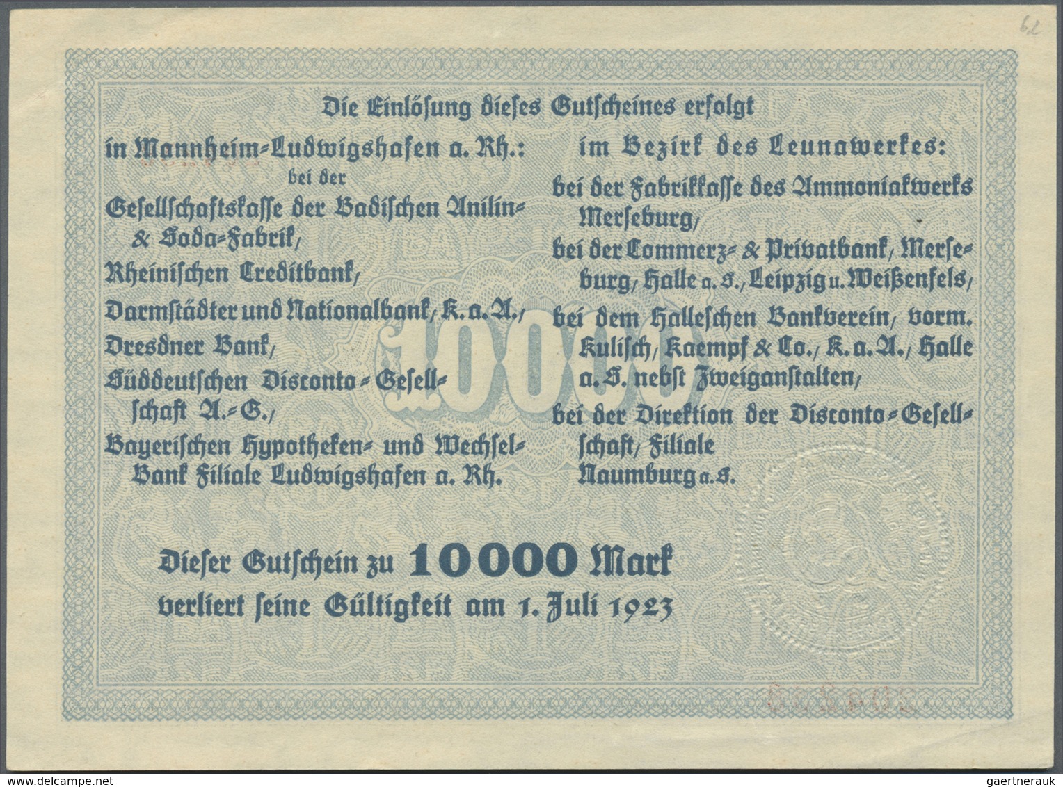 Deutschland - Notgeld - Pfalz: Ludwigshafen, Badische Anilin- Und Soda-Fabrik, 10 000 Mark, 5.2.1923 - [11] Emissions Locales