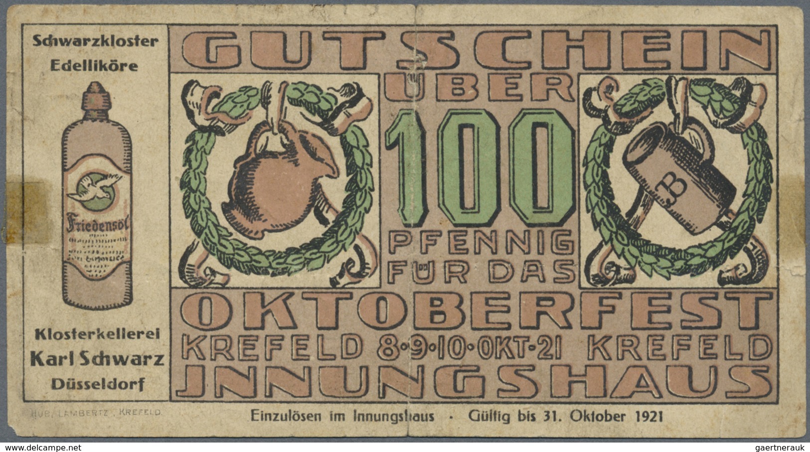 Deutschland - Notgeld - Rheinland: Crefeld, Innungshaus, 100 Pf., 8. - 31.10.1921, Ohne Stempel, Erh - [11] Local Banknote Issues