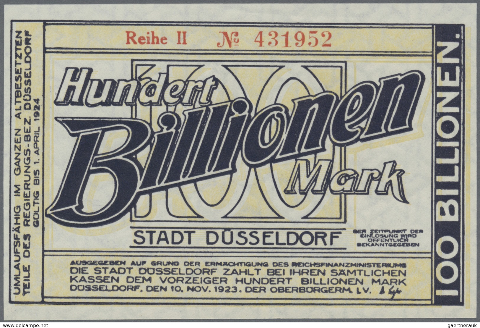 Deutschland - Notgeld - Rheinland: Düsseldorf, Stadt, 100 Billionen Mark, 10.11.1923, Erh. I - [11] Local Banknote Issues