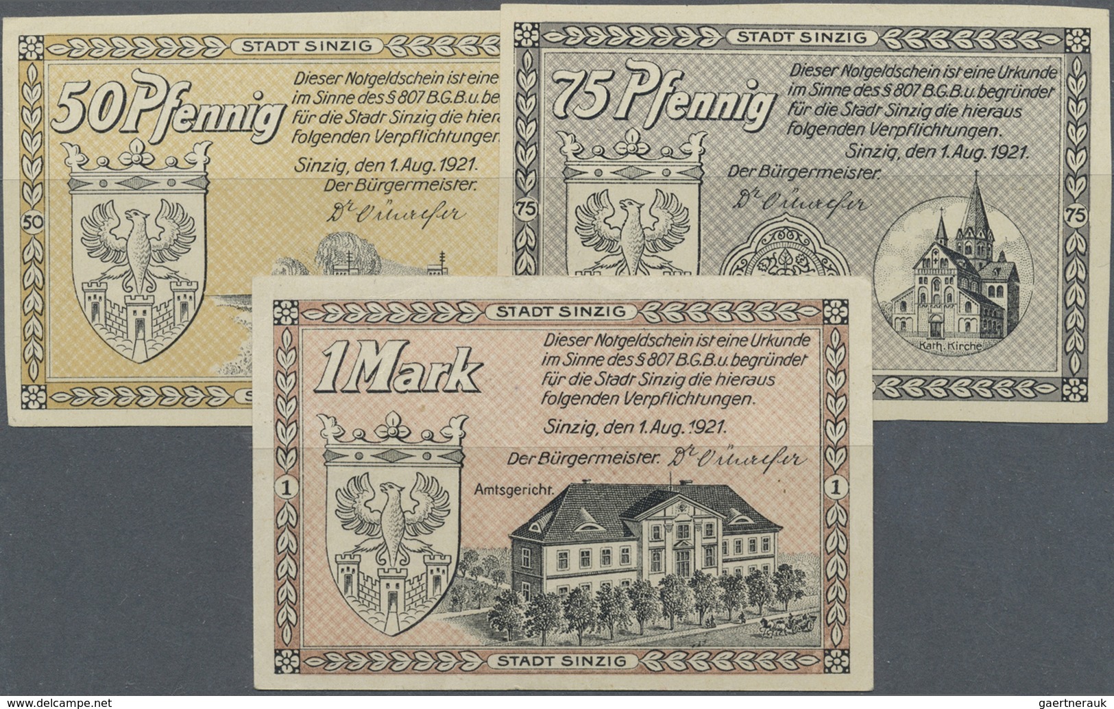 Deutschland - Notgeld - Rheinland: Sinzig, Stadt, 50, 75 Pf., 1 Mark, 1.8.1921, Erh. II, Total 3 Sch - [11] Emissions Locales