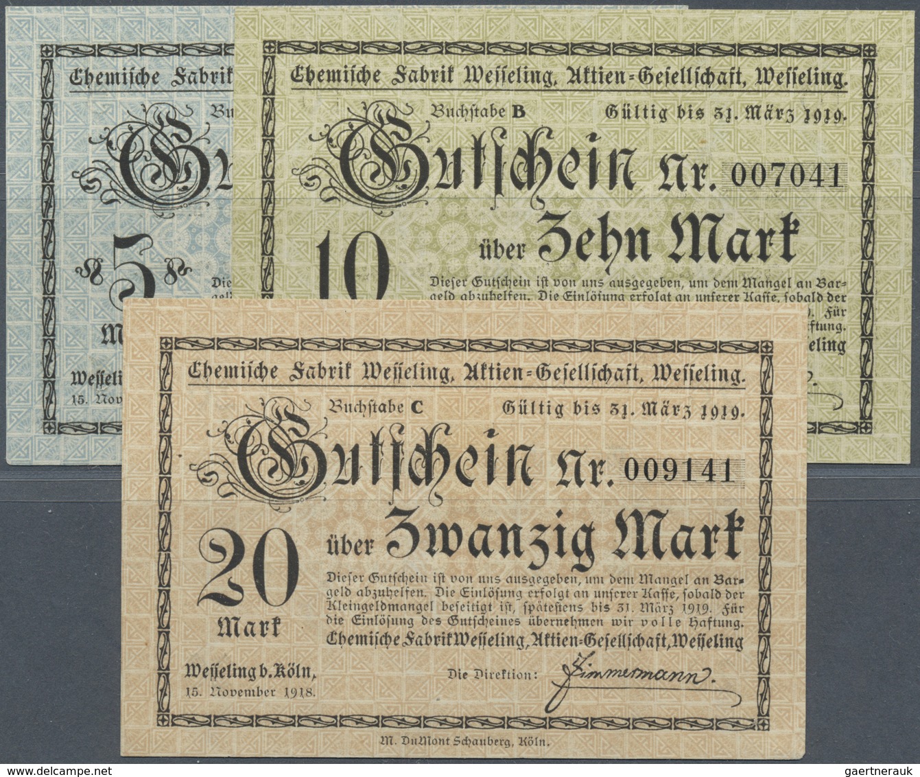 Deutschland - Notgeld - Rheinland: Wesseling, Chemische Fabrik, 5, 10, 20 Mark, 15.11.1918, Mit KN, - [11] Emissions Locales