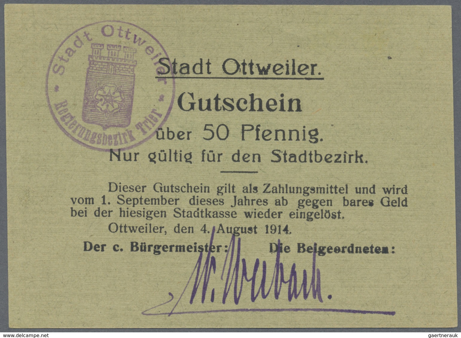 Deutschland - Notgeld - Saarland: Ottweiler, Stadt, 50 Pf., 4.8.1914, Kartonpapier Mit Leinenpressun - [ 8] Saarland - Saar