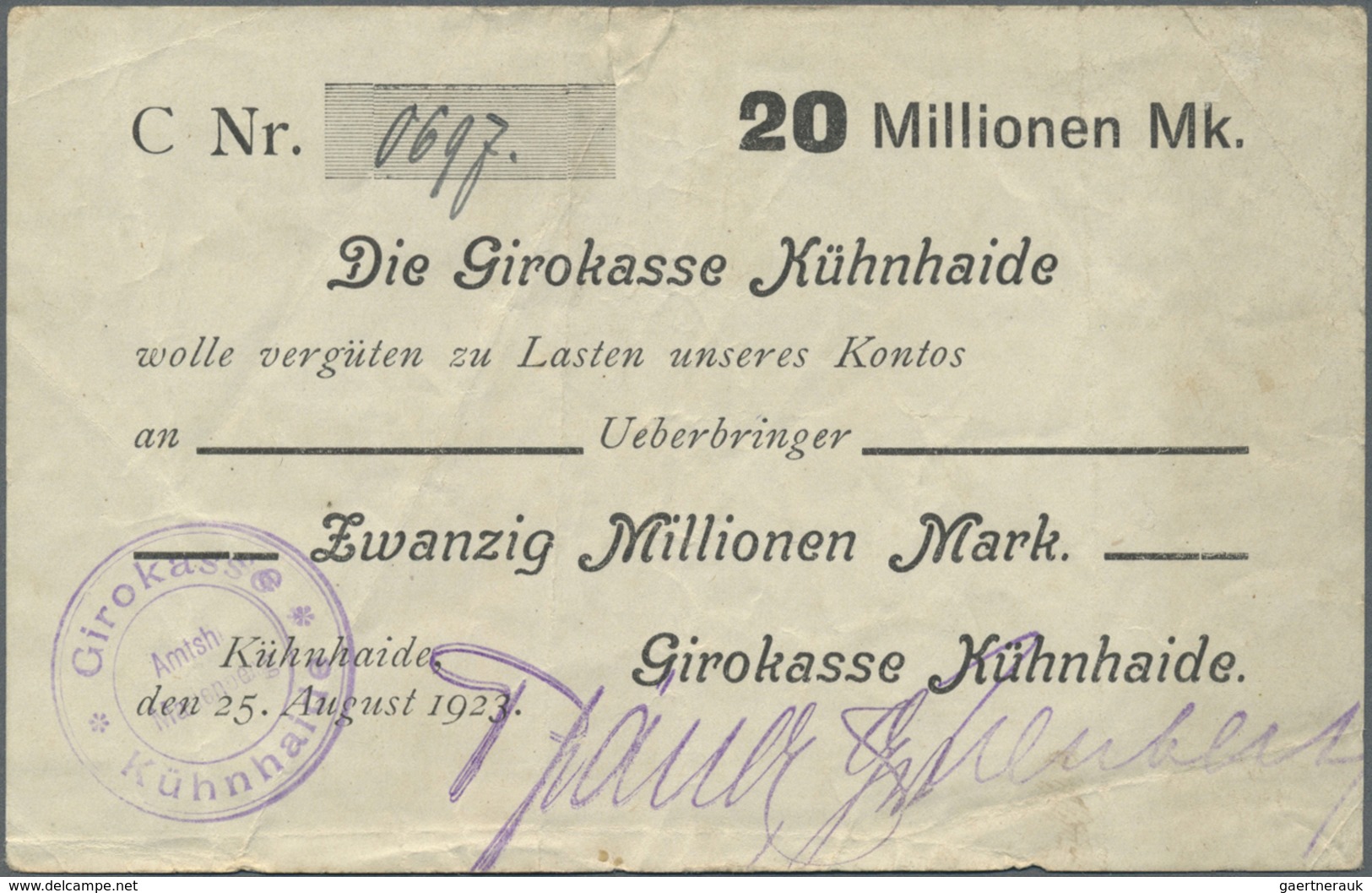 Deutschland - Notgeld - Sachsen: Kühnheide, Girokasse, 20 Mio. Mark, 25.8.1923, Erh. III - [11] Local Banknote Issues