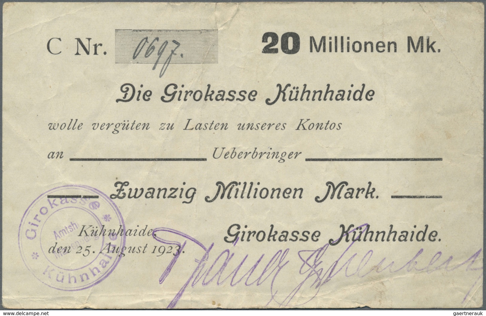 Deutschland - Notgeld - Sachsen: Kühnheide, Girokasse, 20 Mio. Mark, 25.8.1923, Erh. III - [11] Emissioni Locali