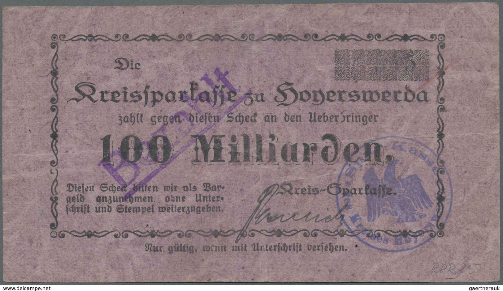 Deutschland - Notgeld - Sachsen: Hoyerswerda, Kreissparkasse, 10, 100 Mrd. Mark, O. D., Erh. II. Hoy - [11] Local Banknote Issues