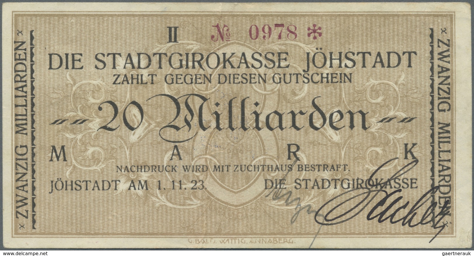 Deutschland - Notgeld - Sachsen: Jöhstadt, Stadtgirokasse, 20 Mrd. Mark, 1.11.1923, Erh. II-III - [11] Local Banknote Issues