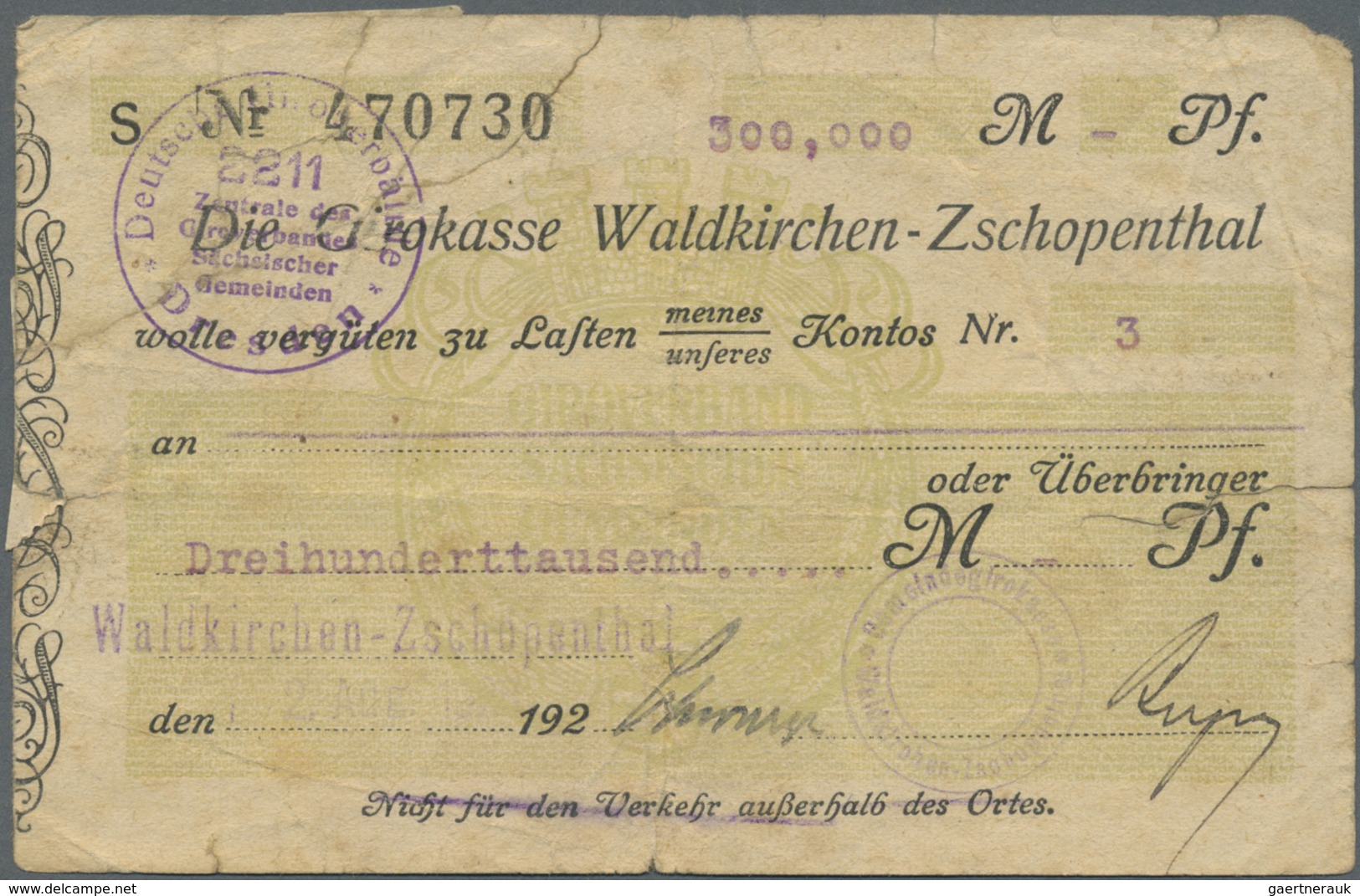 Deutschland - Notgeld - Sachsen: Waldkirchen Im Zschopenthal, Girokasse, 200 Tsd. Mark, Überdruck Au - [11] Local Banknote Issues