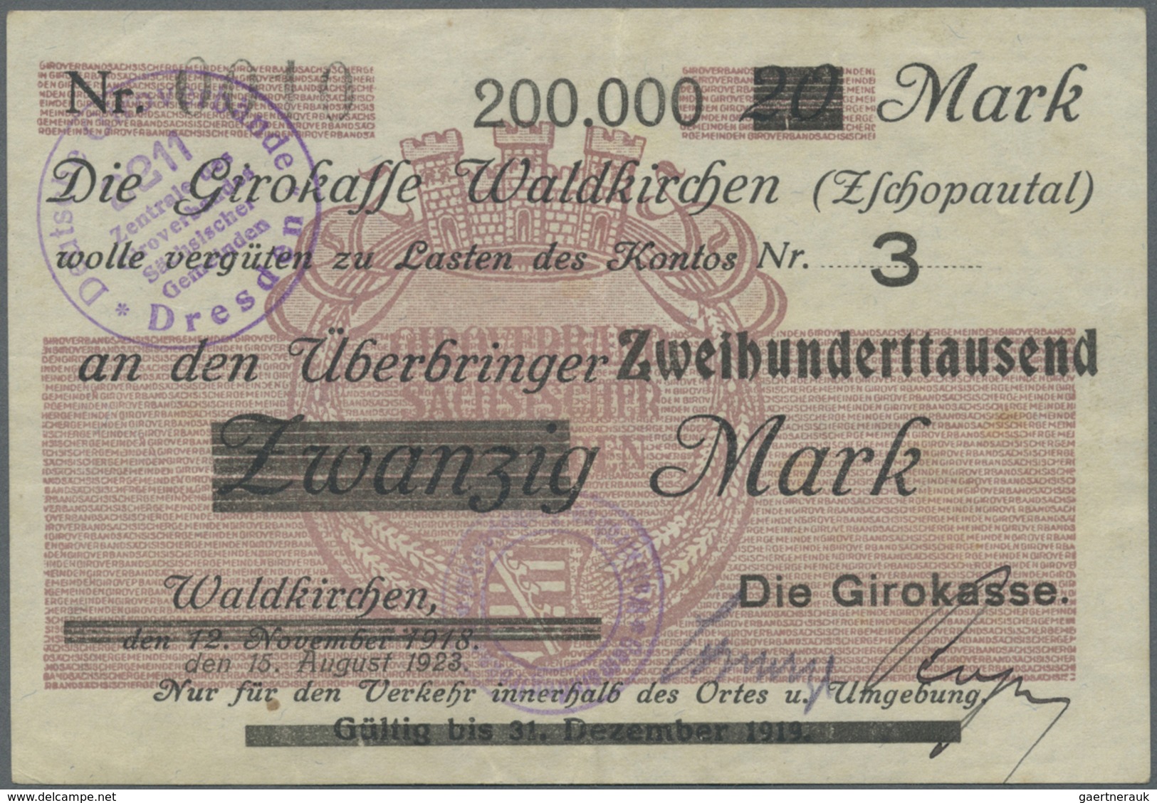 Deutschland - Notgeld - Sachsen: Waldkirchen Im Zschopenthal, Girokasse, 200 Tsd. Mark, Überdruck Au - [11] Local Banknote Issues