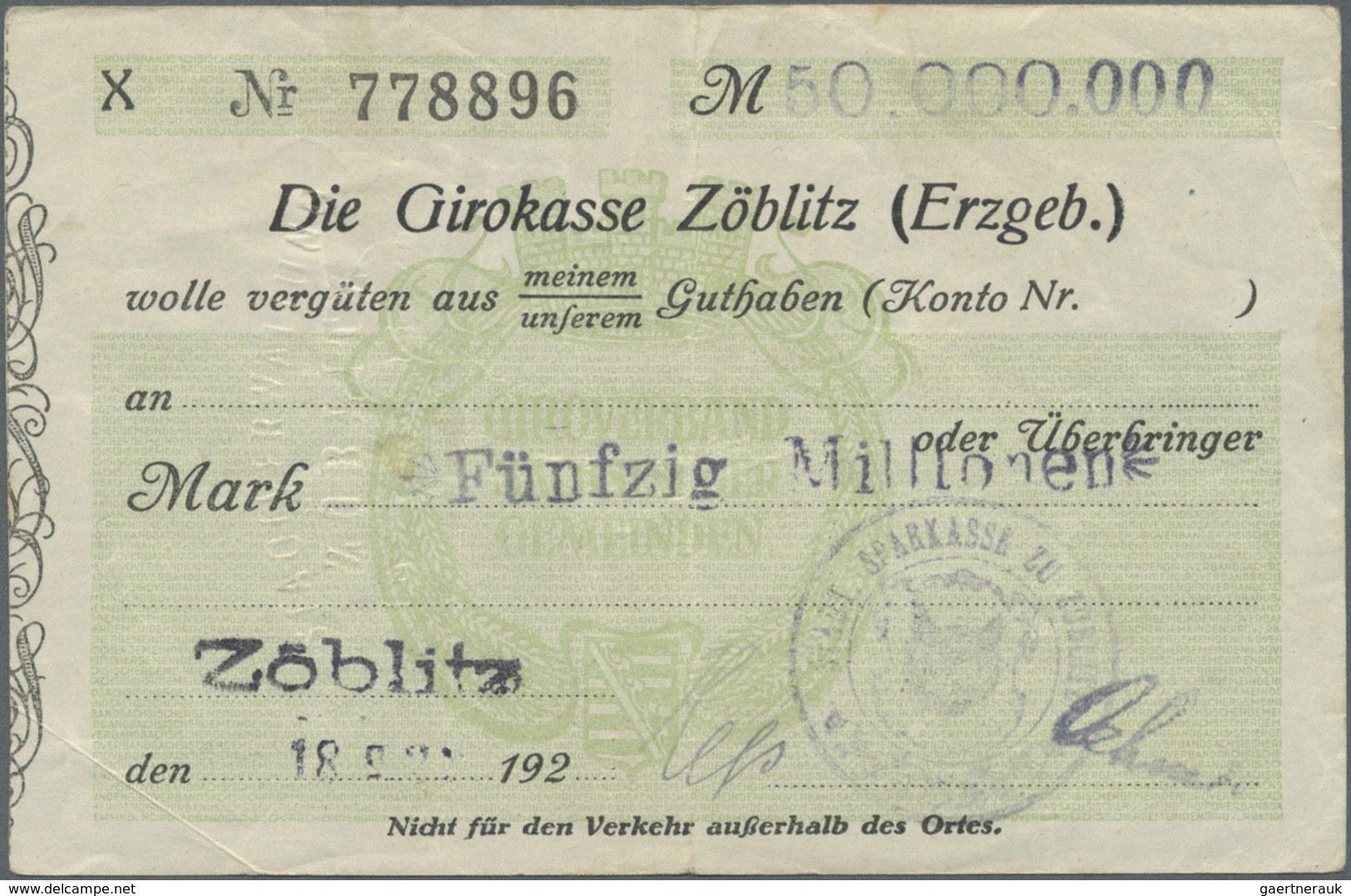 Deutschland - Notgeld - Sachsen: Zöblitz, Girokasse, 50 Mio. Mark, 18.8.1923, Nennwert Nicht Bei Kel - [11] Emissions Locales